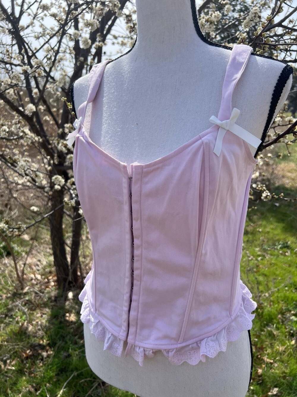 Altar'd State Pink Coquette Corset Top with Bows and Lace Trim